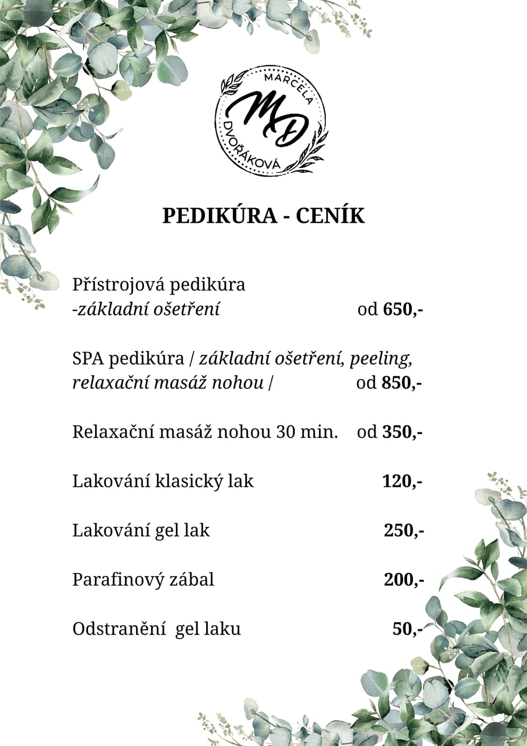 ceník Marcela Dvořáková pedikúra studio Enije